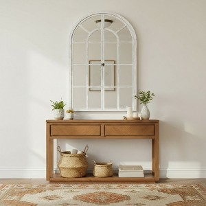 Spassway Entryway Console Table with Window-Pane Mirror Set 2 Drawers Storage Table With Open Shelf Decorative Rustic Mirror for Hallway Living Room - 1 of 4