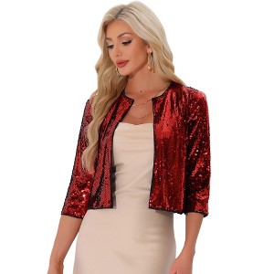 Allegra K Women's Glitter 3/4 Sleeve Open Front Party Club Sequin Cardigan - 1 of 4