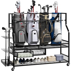 Golf Bag Storage Garage Organizer, Golf Bag Storage Rack w/Drawer for 4 Golfing Bags, Clubs, Balls, Gadgets, Golf Bag Stand w/Wheels - 1 of 4