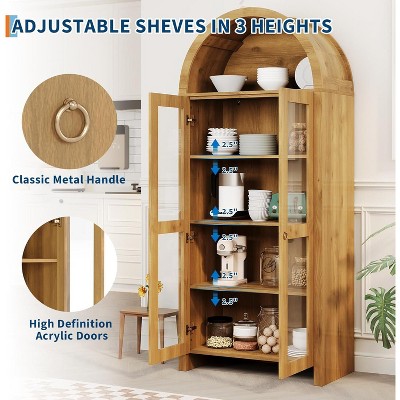 Adjustable shelves and features highlighted: classic metal handle, high-definition acrylic doors, arched opening storage, smooth hinges