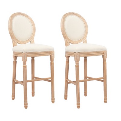 French Country Barstools, Wooden Frame with Upholstered Seat, Round Back, Set of 2