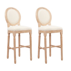 French Country Barstools, Wooden Frame with Upholstered Seat, Round Back, Set of 2 - 1 of 4