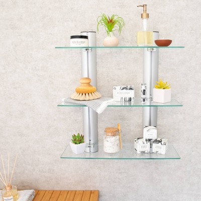 Black Glass and Wood Floating Wall Shelf Unit