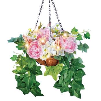 Collections Etc LED Lighted Pink Peony & Ivy Artificial Flower Hanging Basket 12 X 12 X 20