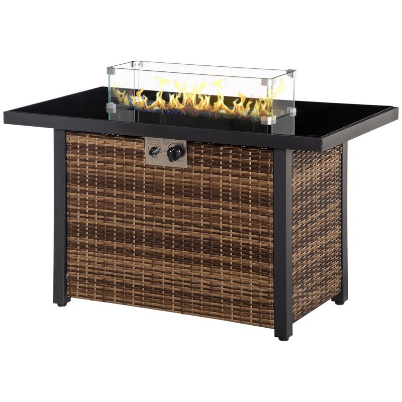 Outsunny 43in Outdoor Propane Gas Fire Pit Table, 50,000 BTU Auto-Ignition Wicker Gas Firepit with Glass Wind Guard, Blue Glass Rock, Brown, 4 of 7