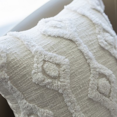 Handwoven Bohemian Tufted Cotton 17" Pillow Cover with Tassel Corners, White