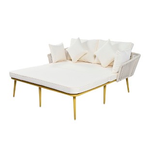 Gulches Beige Outdoor Patio Chaise Lounges with Woven Backrest - 2-Person Daybed Set - 1 of 4