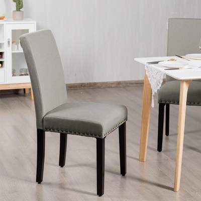 Light Sage Linen Upholstered Parsons Side Chair Set with Wood Legs