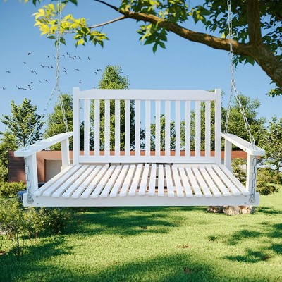 Front Porch Wood Bench Swing With Armrests And Hanging Chains, Easy To Assemble, White 46.46"x19.69"x24.02"