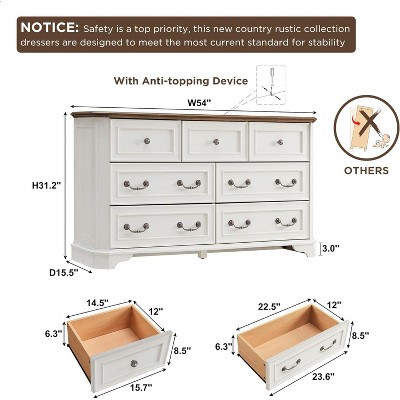 54" Antique White and Brown Farmhouse 7-Drawer Dresser