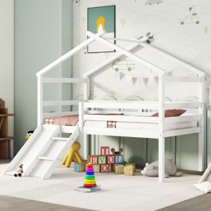 Junior Loft Bed with Slide, Ladder, and Safety Rails, Featuring a Playhouse Roof Frame - 1 of 4