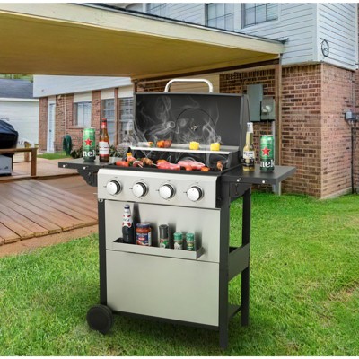 VisioGear Outdoor Grill with with Cooking Grids, Foldable Side Table, Hanging Basket, Grill for Backyard, Black & Silver, 44.8"*19.6"*40.1"