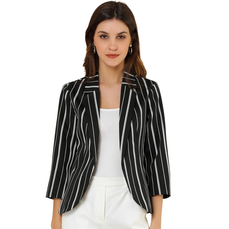 Allegra K Women's Striped 3/4 Sleeves Open Front Casual Notched Lapel Blazer, 4 of 8