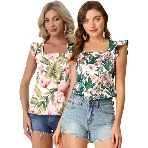 INSPIRE CHIC Women's Tropical Floral Printed Square Neck Ruffle Sleeve Tank Top 2 Packs - 1 of 4
