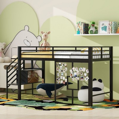 NicBex Twin Size Loft Bed Metal Bed Frame with Iron Mesh, Storage Stairs and Full Length Guardrail, Space Saving, No Box Spring Required