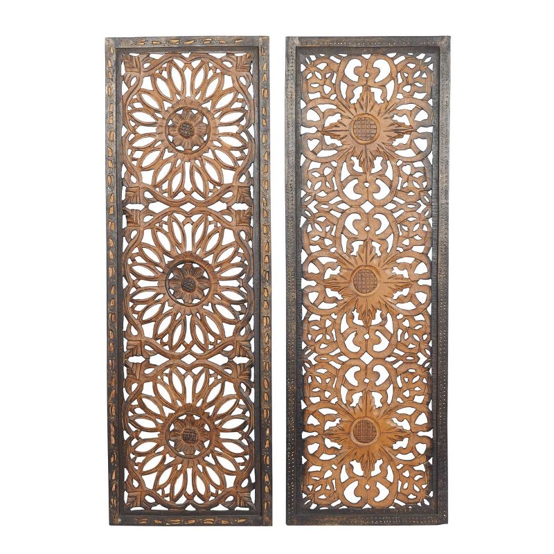Set of 2 Wood Floral Handmade Intricately Carved Wall Decors Brown - Olivia & May, 1 of 22
