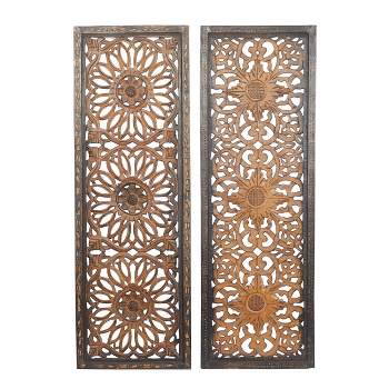 Set of 2 Wood Floral Handmade Intricately Carved Wall Decors Brown - Olivia & May