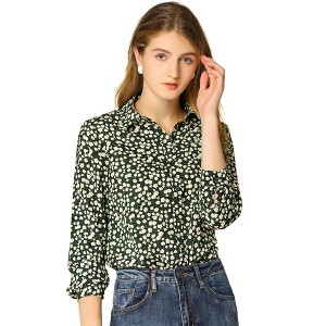 Allegra K Women's Point Collar Long Button Sleeve Button Down Floral Shirt - 1 of 4