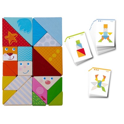 HABA Funny Faces Tangram Wooden Tile Arranging Game with 20 Template Cards (Made in Germany)