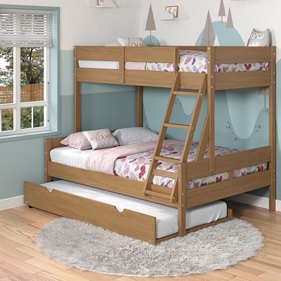 Donco Kids Low Board Twin Over Full Urban Oak Panel Bunkbed with Twin Trundle