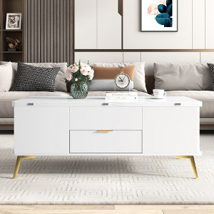 Modern Lift Top Coffee Multi Functional Table With Drawers, 47.24'' Rectangle Coffee MDF Table Top Gold Legs Base For Office Home Living Room - 1 of 4