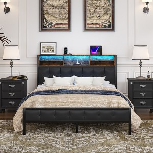 VECELO Twin/Full/Queen Size Metal Bed Frame with Wooden Headboard & Footboard, Solid Platform Bed with Storage, LED Light & Charging Station, Black - 1 of 4