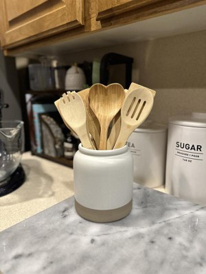 Beige Kitchen Utensil Holder, Speckled Stoneware Kitchen Crock 