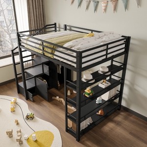 Whisen Full Size Metal Loft Bed with Storage Shelves, Cabinets and Wardrobe - Black - 1 of 4
