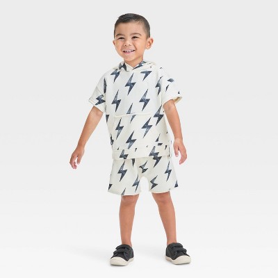 Grayson Mini Toddler Boys' Short Sleeve Lightning Bolt French Terry Pullover and Shorts Set - Off-White