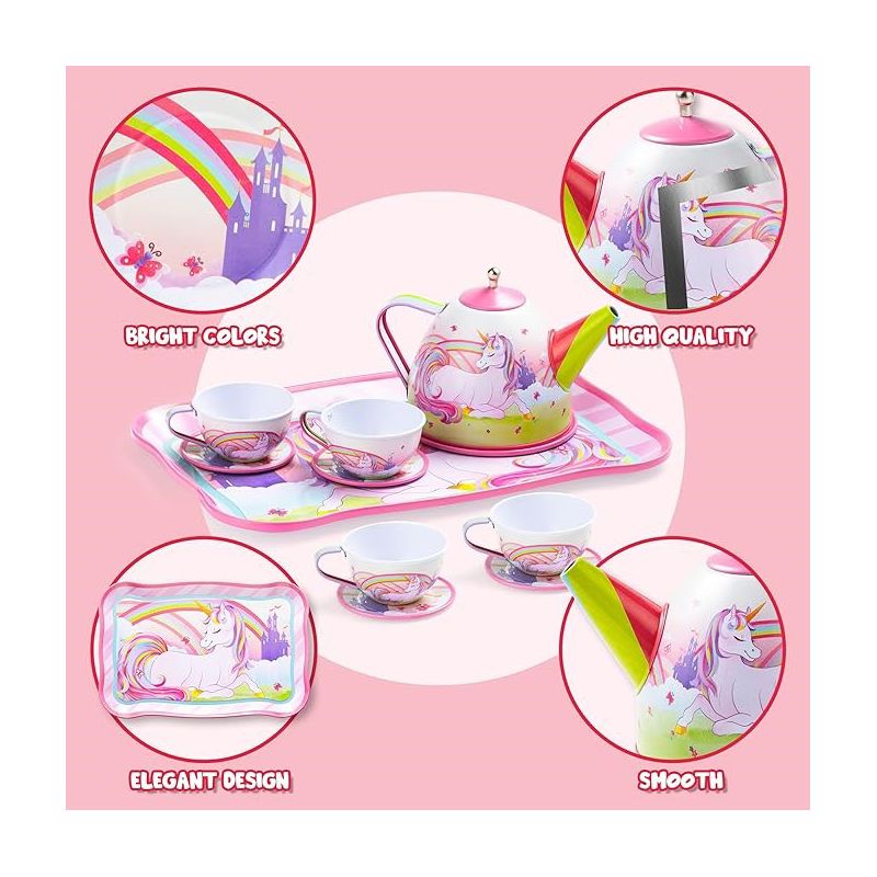 Syncfun Unicorn Castle Pretend Tea Set for Kids Toddlers Age 3 4 5 6, Princess Tea Party Set with Teapot, Cups, Plates and Carrying Case, 4 of 7