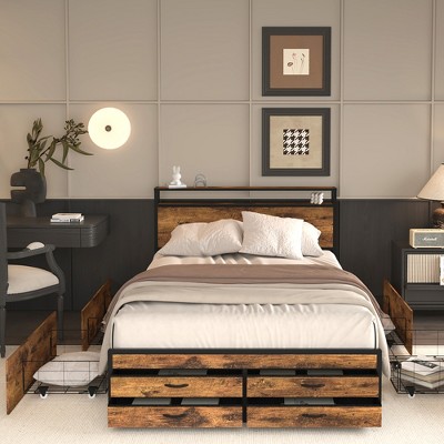 QingMoon Queen Size Bed Frame with Storage Headboard and 8 Drawers, Metal Platform Bed with Charging Station, Stable and Solid, Noise-Free