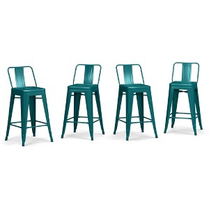 Metal Counter Stool with Curved Slatted Back, Footrest, and Cross Brace, Mid-Century Industrial Design, Set of 4 for Kitchen or Home Bar - 1 of 4