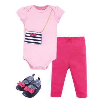 Little Treasure Baby Girl Cotton Bodysuit, Pant and Shoe 3pc Set, Navy Pink Purse