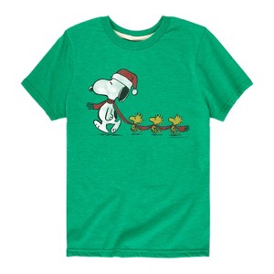 Boys' - Peanuts - Snoopy and Woodstock Christmas Skating Short Sleeve Graphic T-Shirt - 1 of 4
