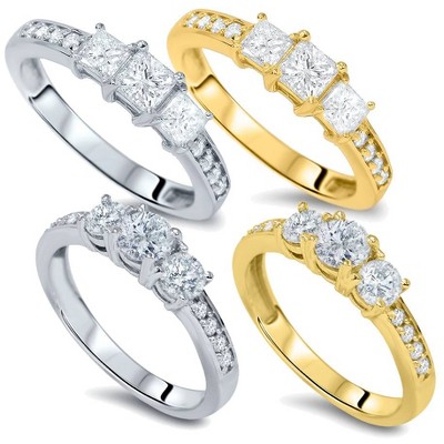 Pompeii3 1.00CT 3-Stone Round or Princess Cut Diamond Ring 14K White or Yellow Gold