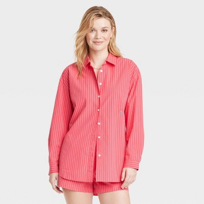 Women's Oversized Long Sleeve Collared Button-Down Shirt - Universal Thread™ Red Striped L