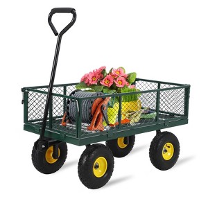 Heavy Duty 880 Lbs Capacity Mesh Steel Garden Cart Folding Utility Wagon with Removable Sides Versatile Flatbed Carts 180¡ã Rotating Handle(Green) - 1 of 4
