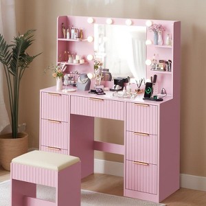 White Particle Board Laminated with Textured Melamine, 7-Drawer 4-Tier Shelf, with 10 Three-Color Dimmable Bulbs, Dressing Table Set - 1 of 4