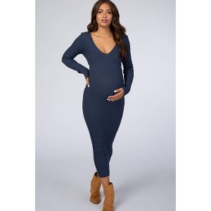 PinkBlush Blue V-Neck Long Sleeve Fitted Maternity Maxi Dress - 1 of 4