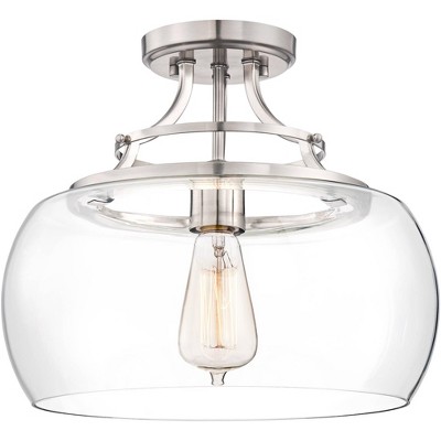 Franklin Iron Works Farmhouse Ceiling Light Semi Flush Mount Fixture LED Brushed Nickel 13 1/2" Wide Clear Glass for Bedroom