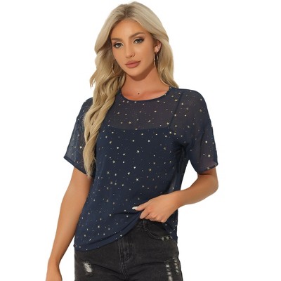 Allegra K Women's Mesh Crop Top - Stars Print See-Through Party Blouse