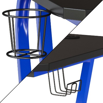 Sleek Blue and Black Ergonomic Gaming Desk with Cup Holder and Headphone Hook