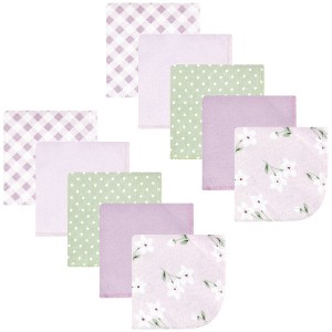 Hudson Baby Infant Girl Flannel Cotton Washcloths, Purple Dainty Floral 10 Pack, One Size - 1 of 4