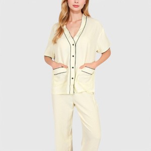 Anna-Kaci Lounge Women's Short Sleeve Button-Up Pajama Set with Contrast Piping and Front Pockets - 1 of 4