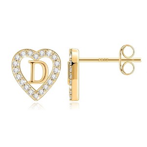 Turandoss Heart Initial Stud Earrings - Gifts for Girls, Sterling Silver Post 14K GoTurandossld Plated All Over Hypoallergenic - 1 of 4