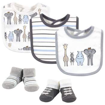 Hudson Baby Infant Boy Cotton Bib and Sock Set 5pk, Royal Safari, One Size