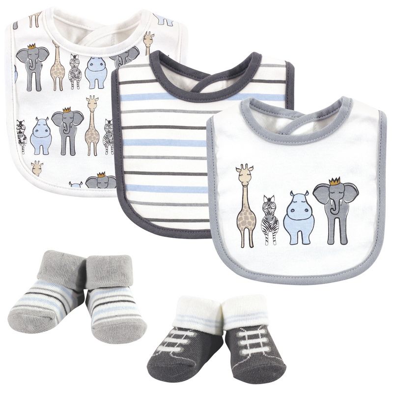 Hudson Baby Infant Boy Cotton Bib and Sock Set 5pk, Royal Safari, One Size, 1 of 8