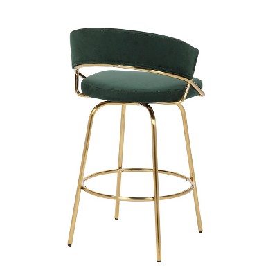 Jie 24" Green Velvet and Gold Metal Swivel Counter Stool