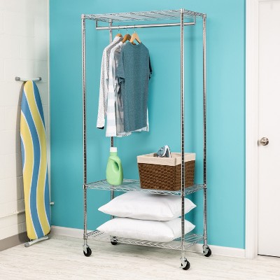 Chrome Steel 3-Shelf Rolling Garment Rack with Hanging Bar
