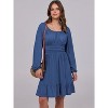 Long Lantern Sleeve Swing Dress with Square Neck & Ruffle Hem, Elastic Waist A-Line Short Dress for Women, Fall Fashion Dark Blue - 3 of 4
